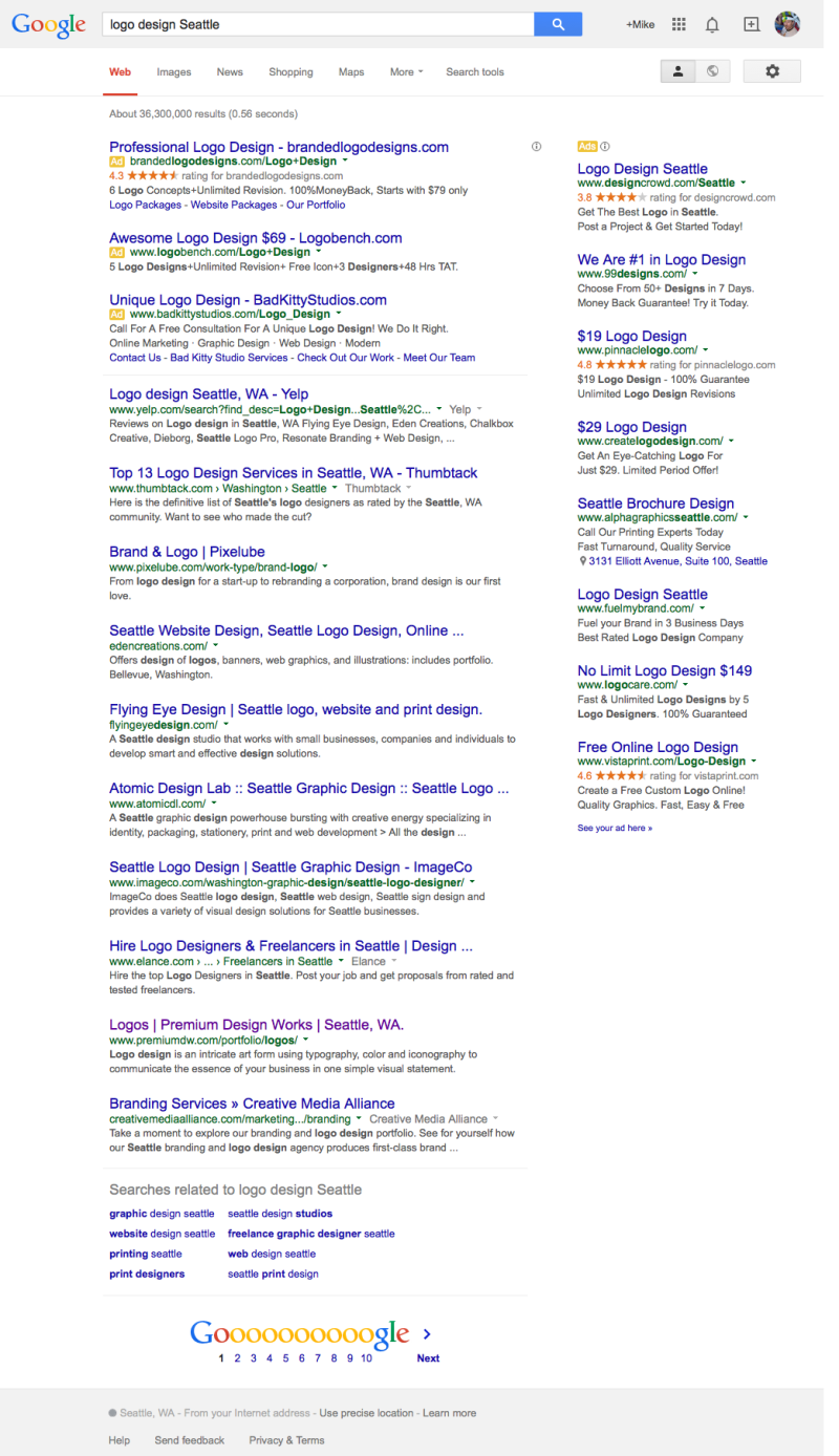 Page 1 for Google search of “Logo Design Seattle.”