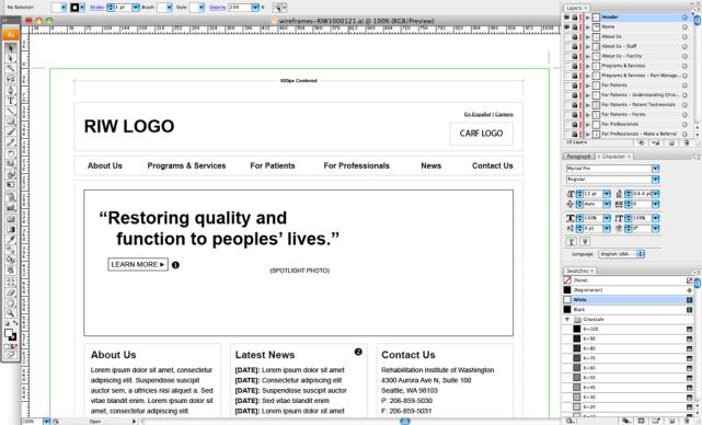 Rehabilitation Institute of Washington Wireframes Using Adobe Illustrator