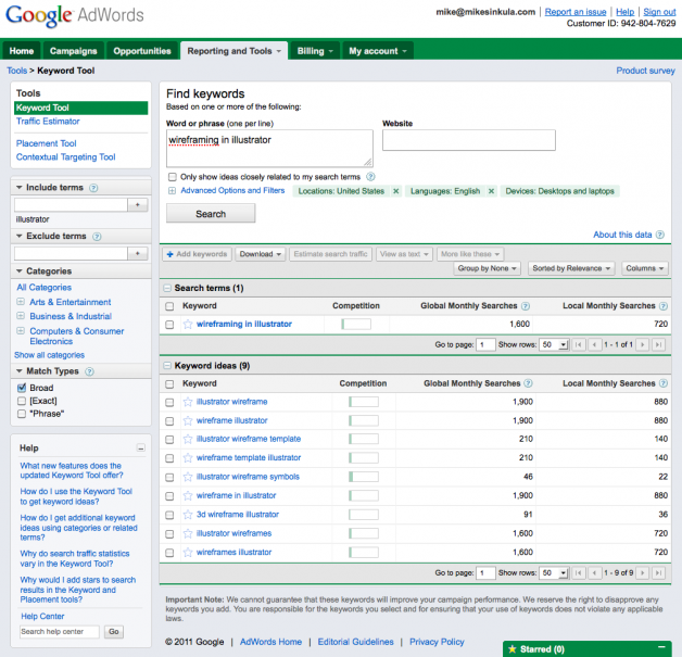 "Wireframing in Illustrator" - Google Keyword Tool